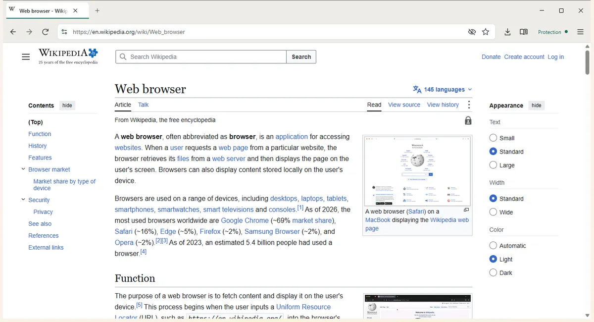 The Boring Web Browser showing a web page with the calm toolbar and shield